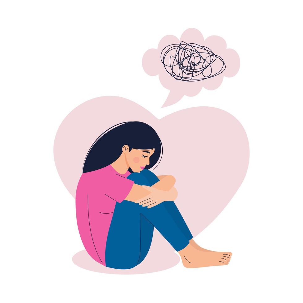 Sad woman in depression sitting and hugging her knees. Scribble in a cloud above her head. Confused thoughts in her mind, mental health issues, broken heart, stress concept. vector