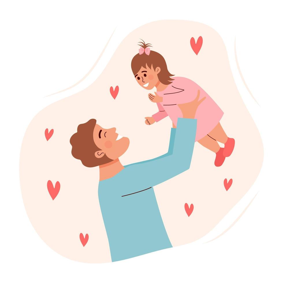 Man holding baby girl. Happy father playing with his daughter. Fatherhood, fathers day, baby care, parenting, happy family or single father concept. vector