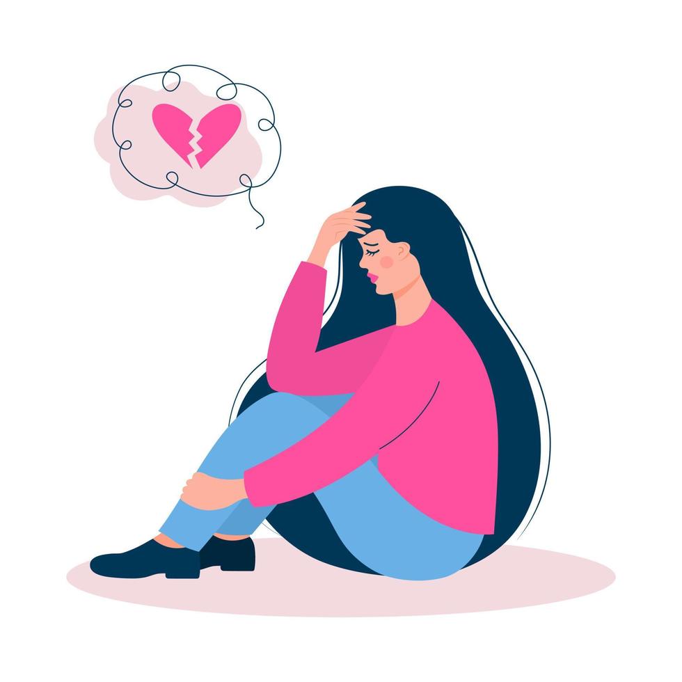 Sad woman sitting with a broken heart in her thoughts. Parting, problems in relationship, divorce, conflicts, misunderstanding and crisis in family. vector