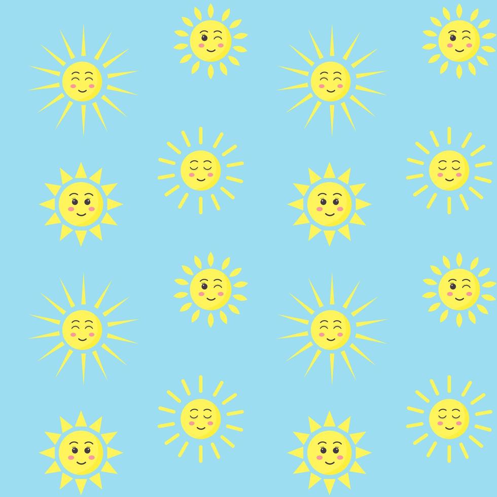 Seamless pattern with kawaii sun characters on blue background. Design for textiles, texture, fabrics, wallpaper and packaging paper. vector
