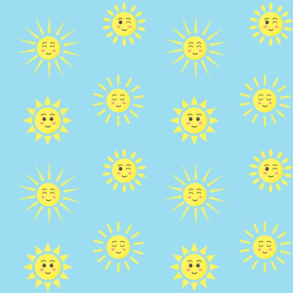 Seamless pattern with kawaii sun characters on blue background. Design for textiles, texture, fabrics, wallpaper and packaging paper. vector