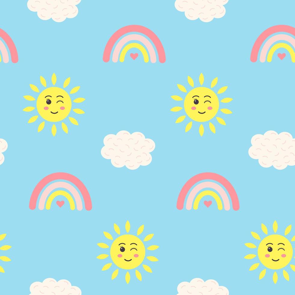 patrón sin costuras con sol kawaii, arco iris y nubes sobre fondo azul. diseño para textiles, texturas, tejidos, papel pintado, papel de embalaje. vector