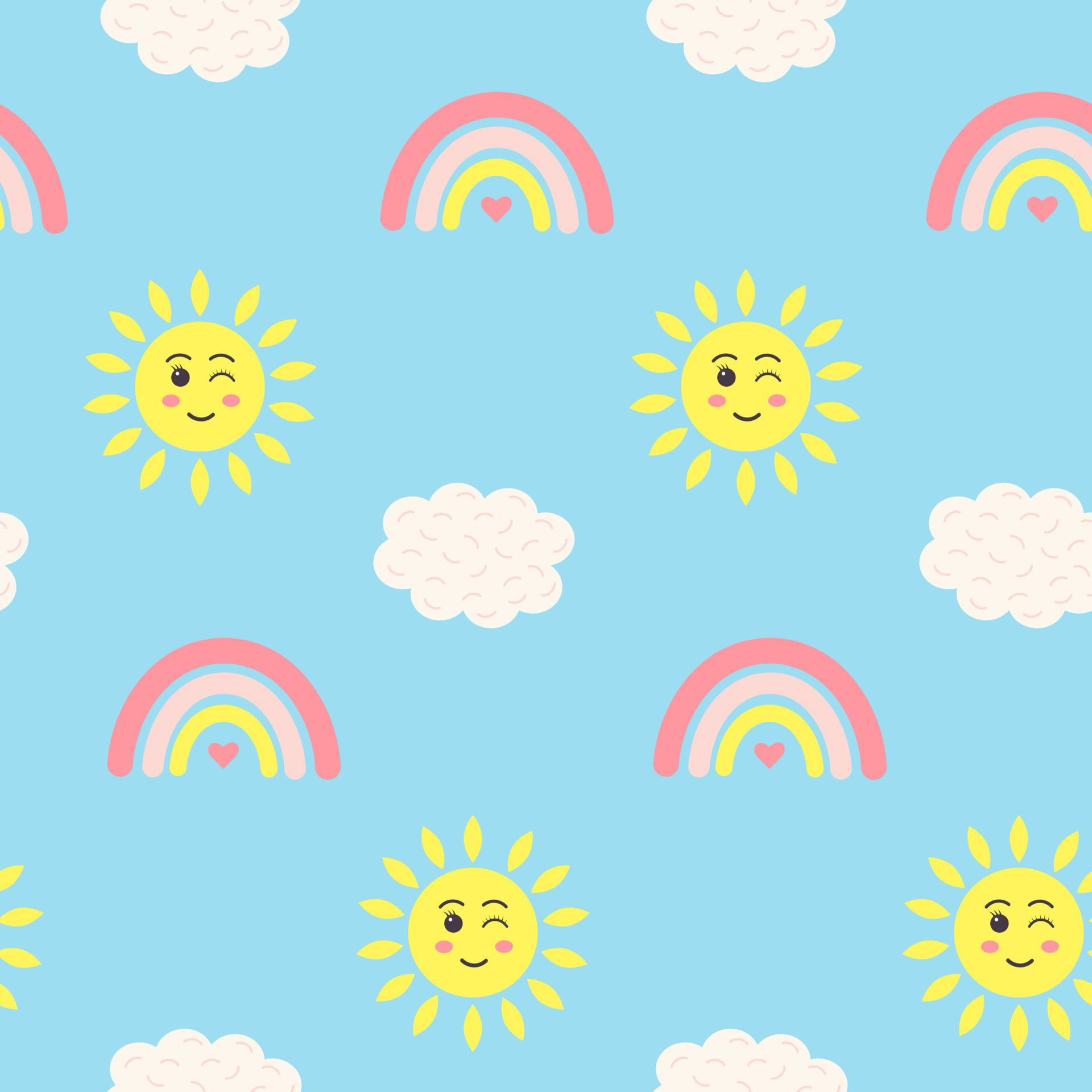 Seamless pattern with kawaii sun, rainbow and cloud on blue background ...