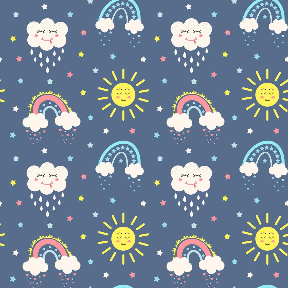 Seamless pattern with stars, kawaii sun, kawaii cloud and magic rainbows on blue background. Design for textiles, texture, fabrics, wallpaper and packaging paper. vector