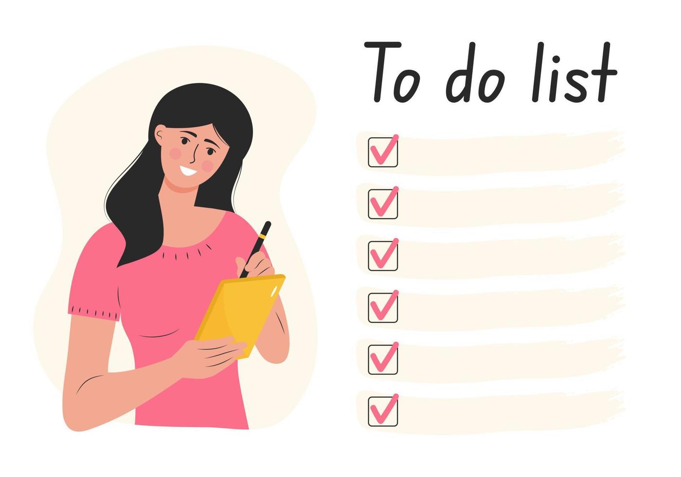Woman writing in notebook, doing checking list. Large to do list template near her. To do list, day planning, time management, prioritizing tasks concept. vector