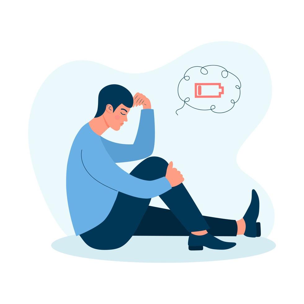 Tired man sitting with a low battery in his thoughts. Emotional burnout, mental disorder, mental health issues, exhausted, stress, crisis, burnout syndrome, problems at work concept. vector