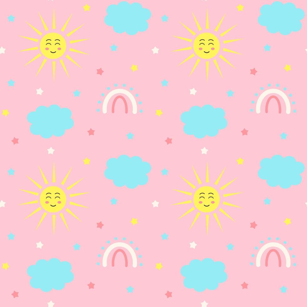 Seamless pattern with stars, kawaii sun, clouds and magic rainbow on pink background. Design for textiles, texture, fabrics, wallpaper and packaging paper. vector