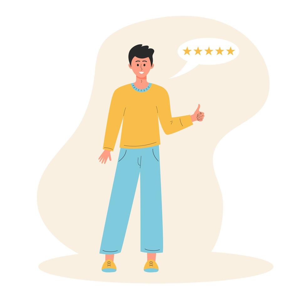 Man showing thumb up, leaves a positive five star feedback. Maximum approval, positive like, agreement, class, cool, well done, good feedback, success concept. vector
