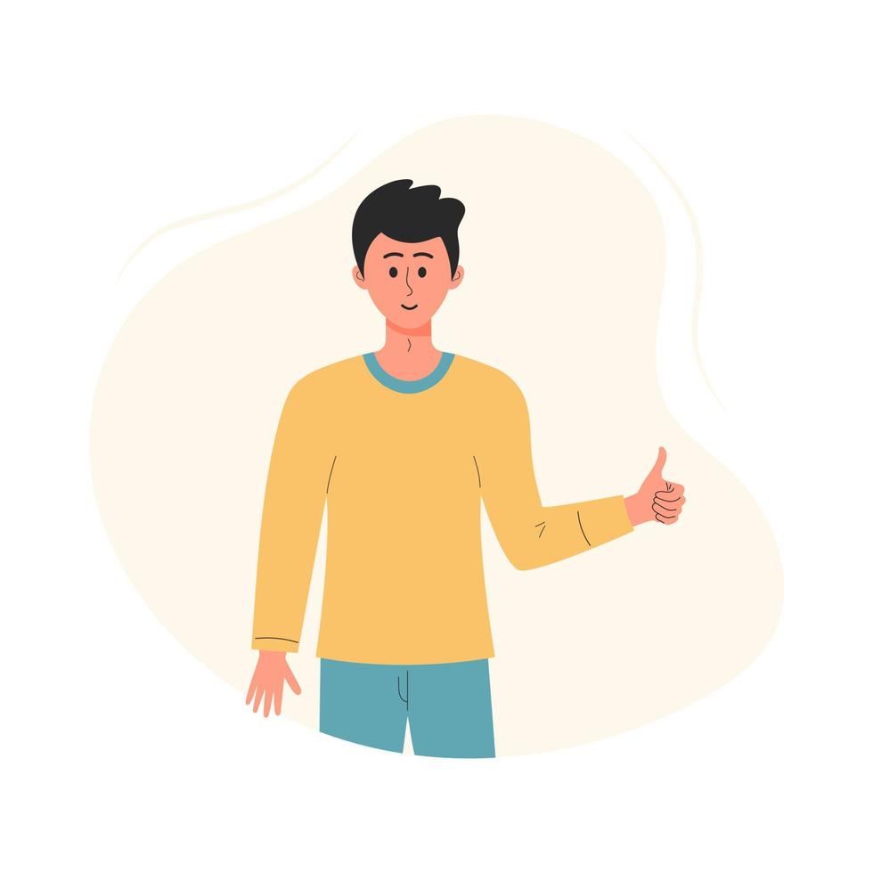 hombre con pulgar arriba gesto de la mano. máxima aprobación, me gusta positivo, acuerdo, clase, genial, bien hecho, buena retroalimentación, concepto de éxito. vector