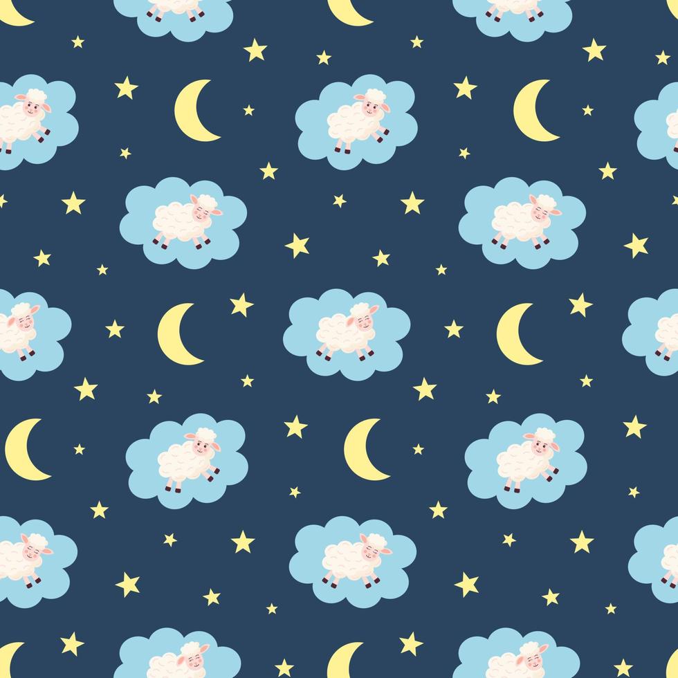 Seamless pattern with cute lambs in clouds, stars and moon on dark blue background. Design for textiles, texture, fabrics, wallpaper, packaging, wrapping paper. vector
