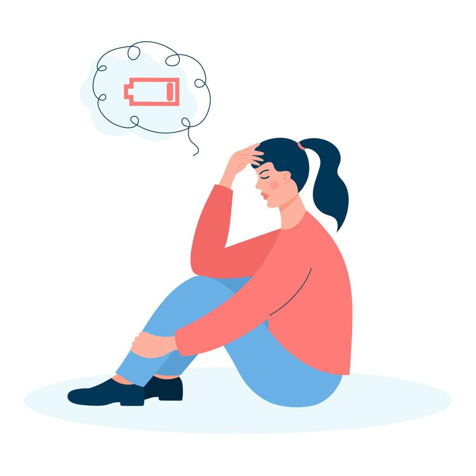 Tired woman sitting with a low battery in her thoughts. Emotional burnout, mental disorder, mental health issues, exhausted, stress, crisis, burnout syndrome, problems at work concept. vector