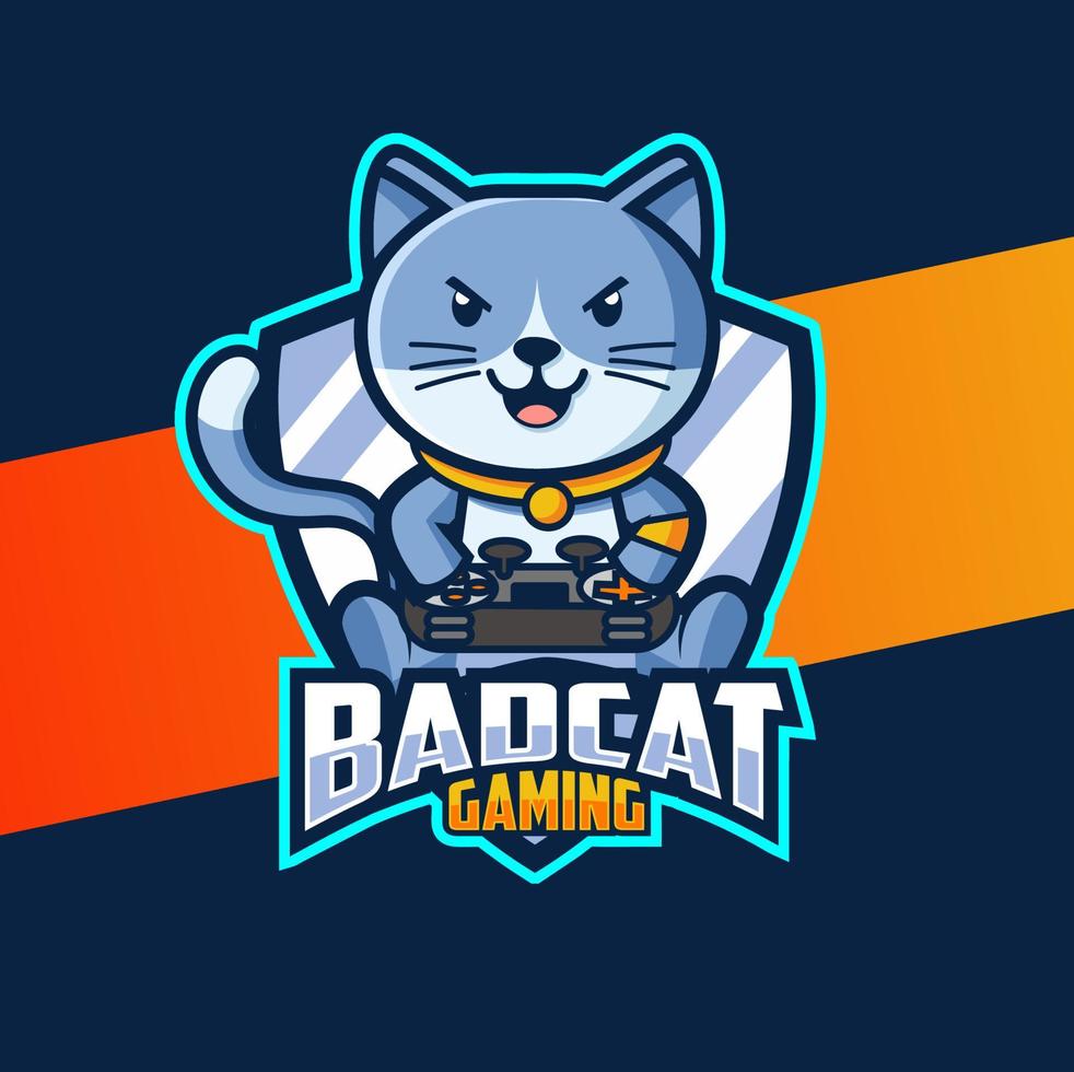 bad cat cute mascot character esport logo design with game stick for gaming logo vector