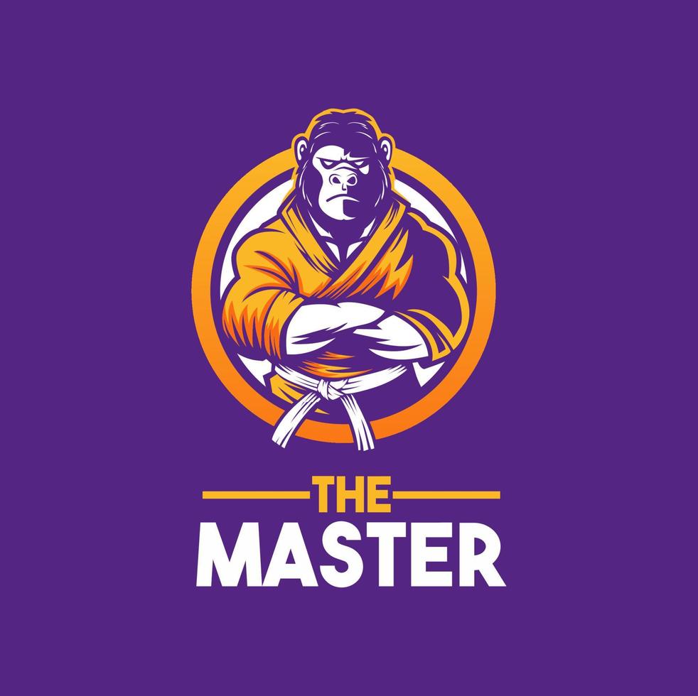 el diseño del logotipo de la mascota del personaje de karate del gorila maestro para el logotipo y el póster del deporte de artes marciales vector