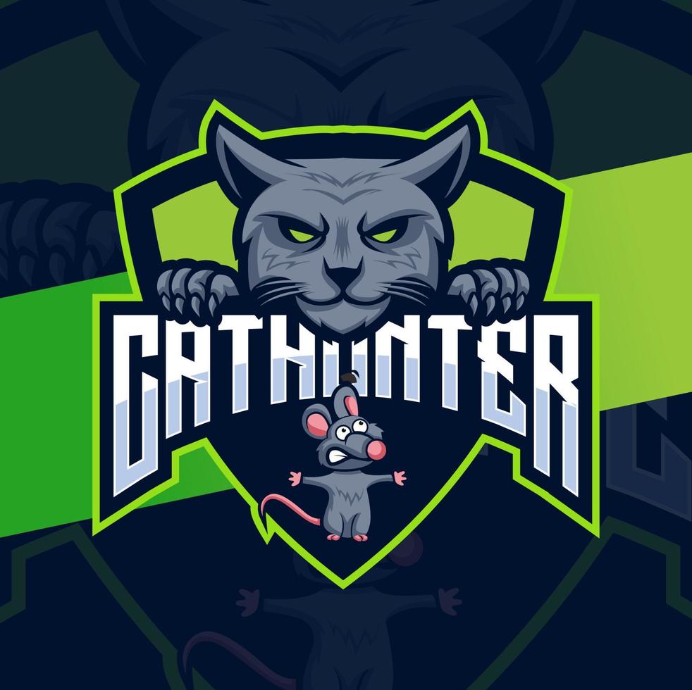 cat hunter logo designs with cat and mouse mascot character for game and animal logo vector