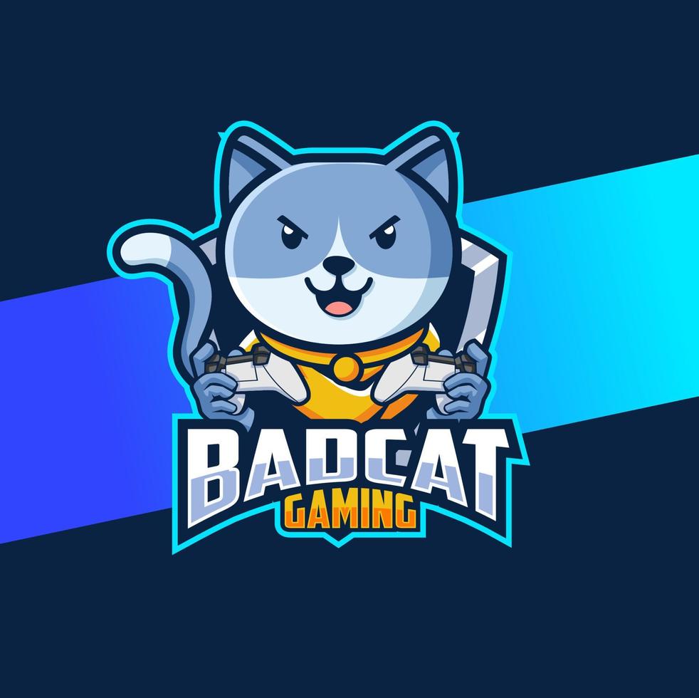 bad cat cute mascot character esport logo design with game stick for gaming logo vector