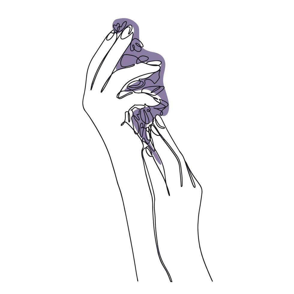 Continuous linear drawing of hands holding a flower. Minimalist style. Vector illustration of minimalism of romantic design, isolated on a white background