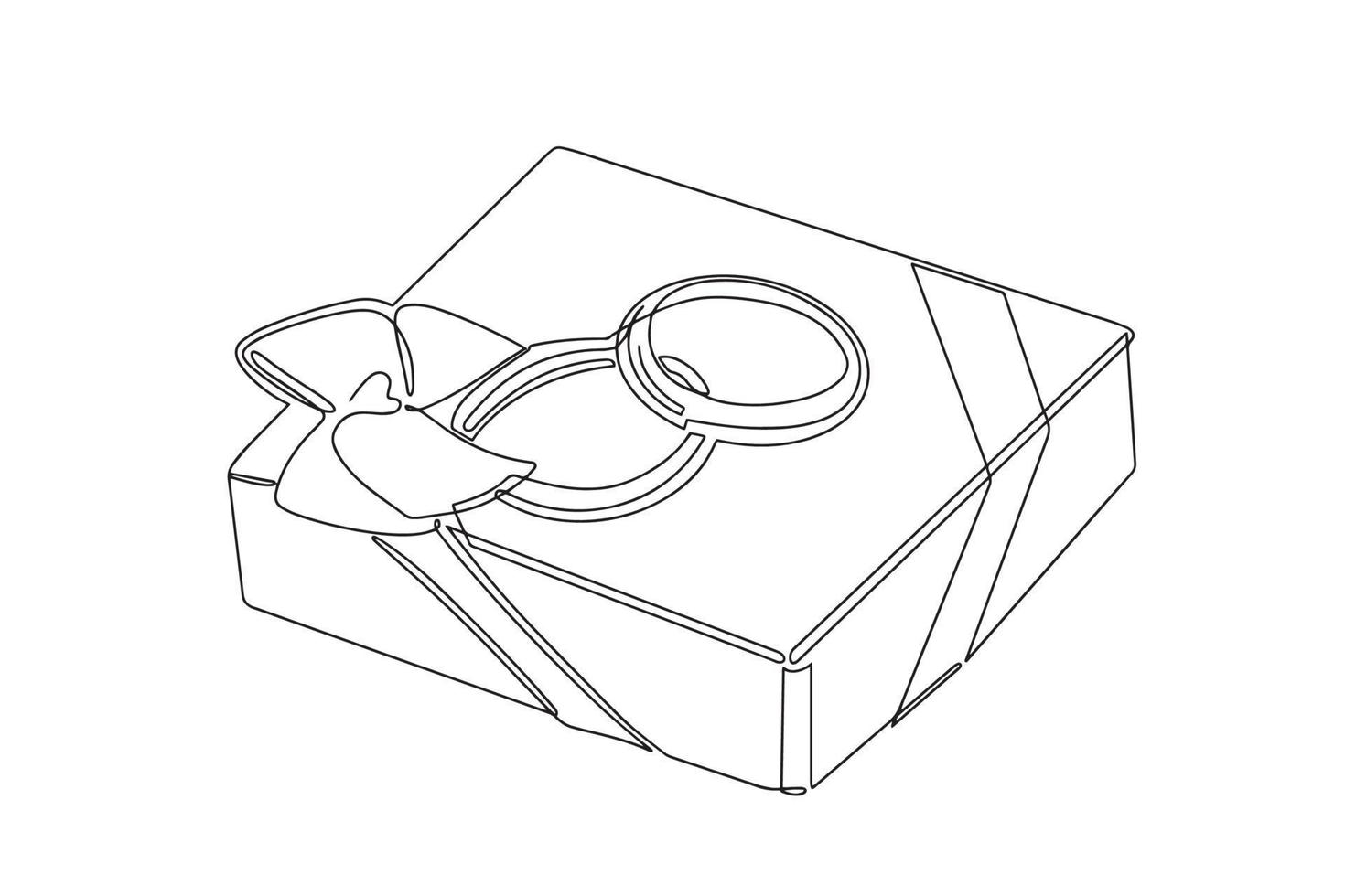 Wedding rings on a gift box with a bow. Continuous drawing in one line. vector
