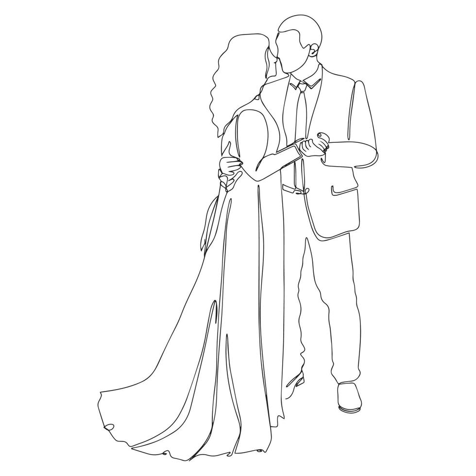 Continuous line drawing of Couples who love each other get married. Newlyweds holding hands, hugging. Element for wedding invitations isolated on white background. Happy wedding cards. vector