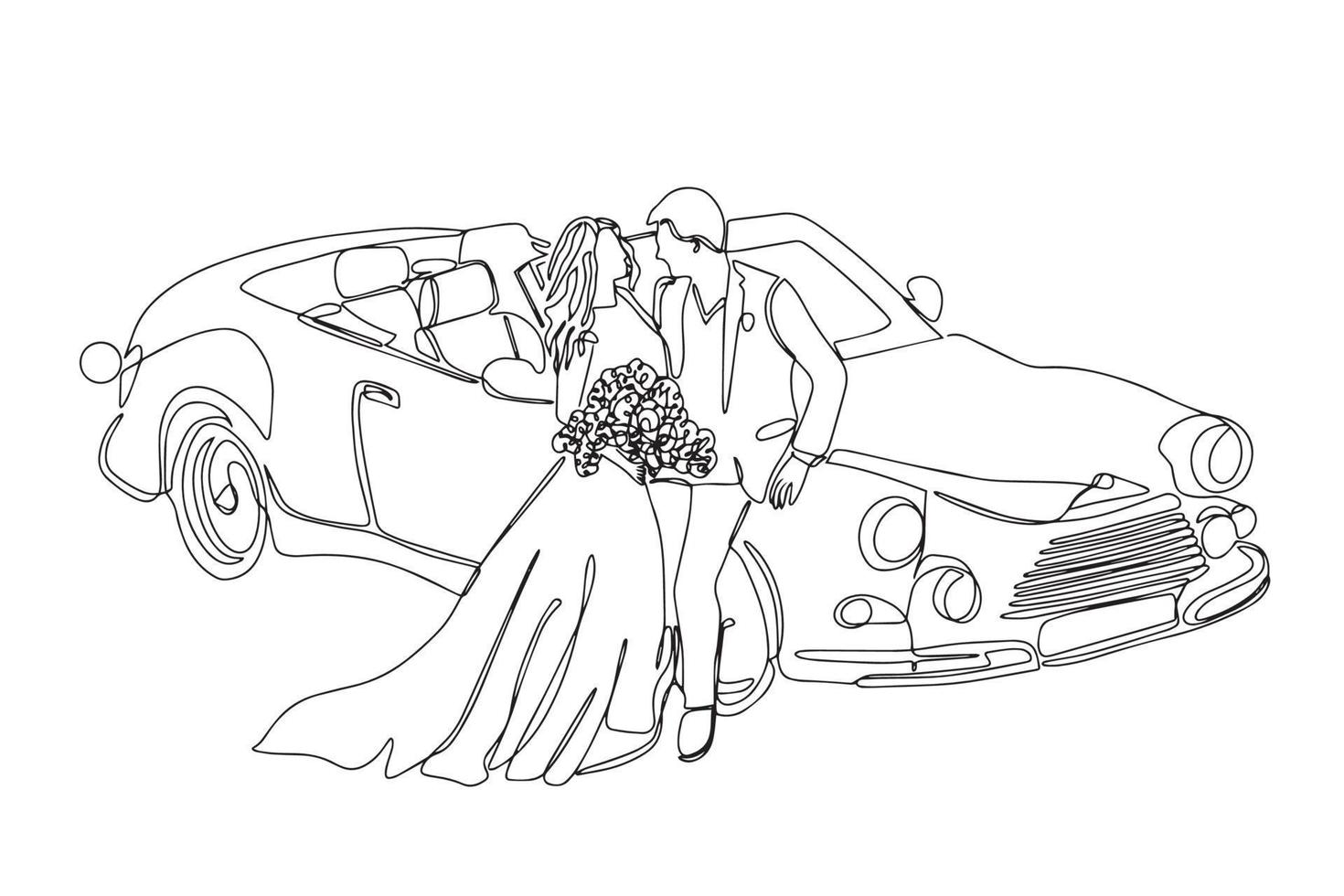 A continuous linear drawing of couples who love each other getting married. The newlyweds are standing by a convertible car. An element for wedding invitations, highlighted on a white background. vector