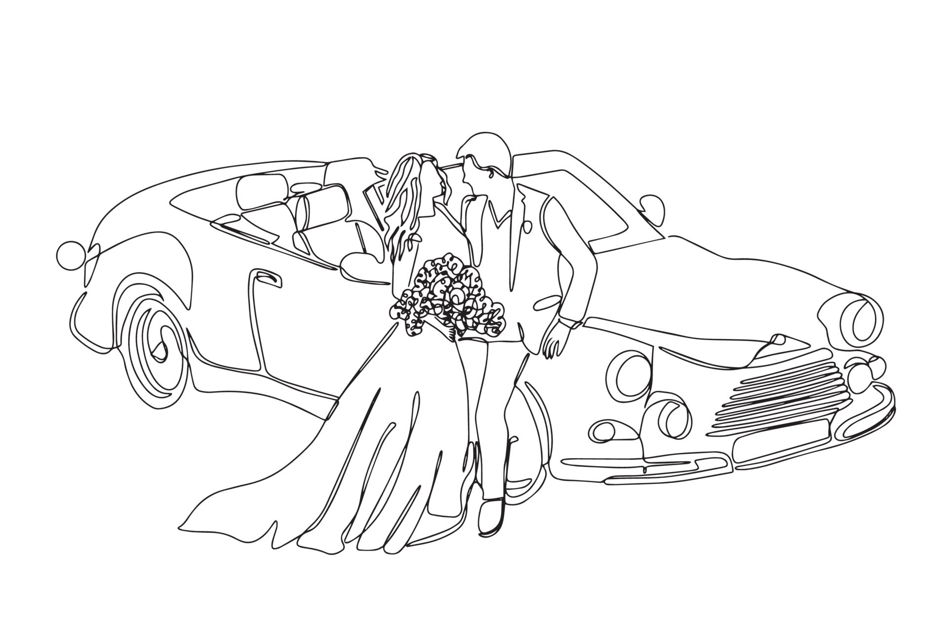 Continuous one line drawing loving married couple kissing, hugging wall  mural • murals woman, wife, wedding | myloview.com