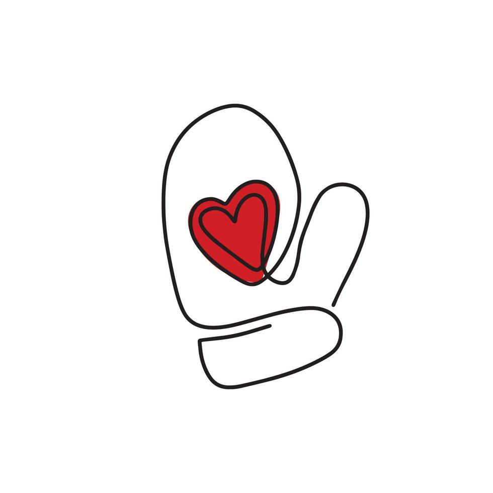 Continuous drawing of one line of winter mittens. The icon of a winter mitten with a heart. Christmas illustration in the style of light art. Minimalistic contour illustration for design vector