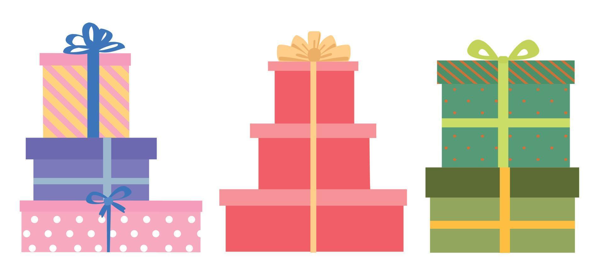 Gift box set. Stack of different presents for Christmas holiday. Big pile of gift boxes in festive wrapping paper with ribbon and bows vector