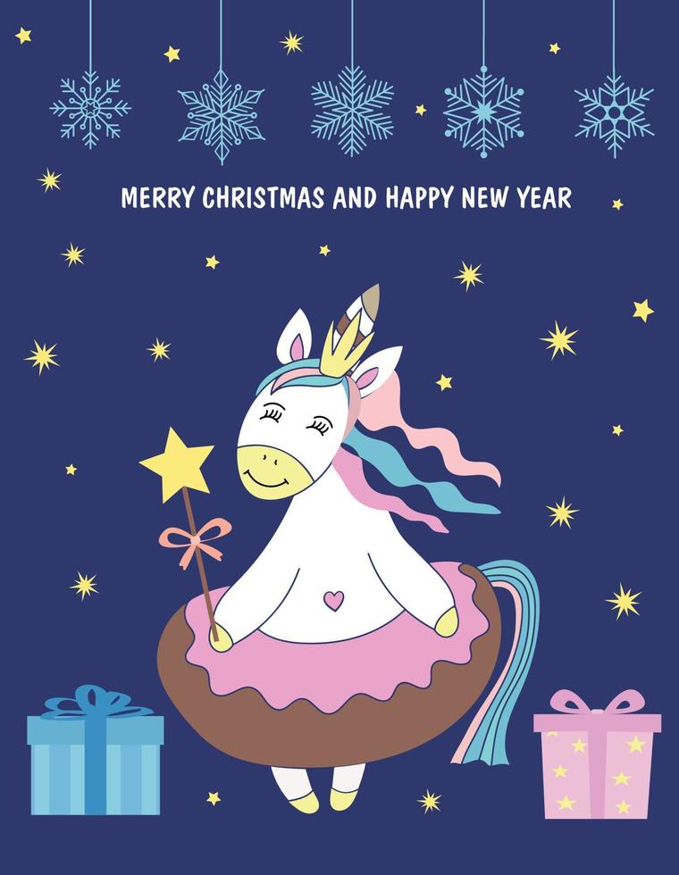 Postcard with a cute princess unicorn. Merry christmas and new year lettering. Vector illustration on a dark purple background