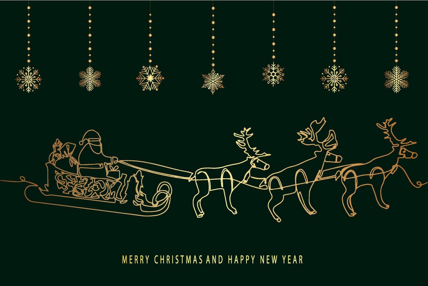 Sleigh with reindeer, Santa Claus sleigh drawn with one line. Christmas card vector
