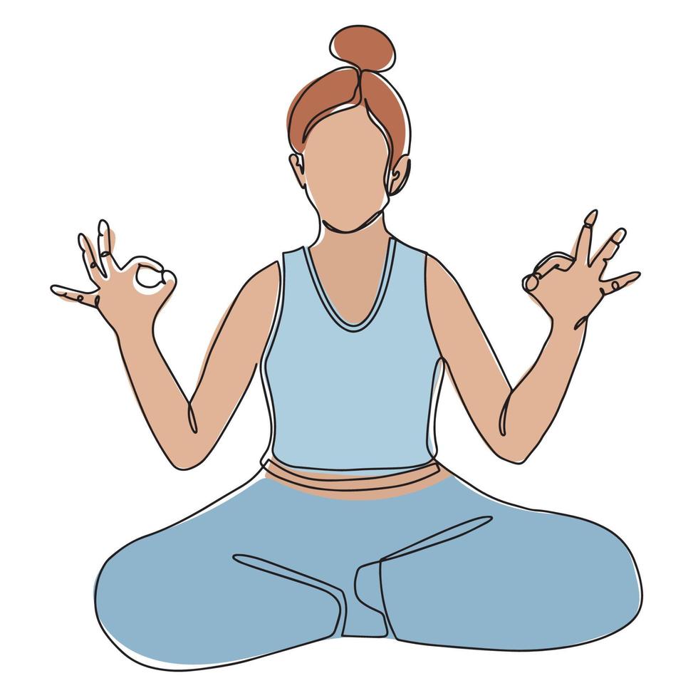 chica en pose de loto de yoga. ilustración vectorial dibujada a mano. mujer joven y feliz medita y practica yoga. dibujo continuo en una línea. vector