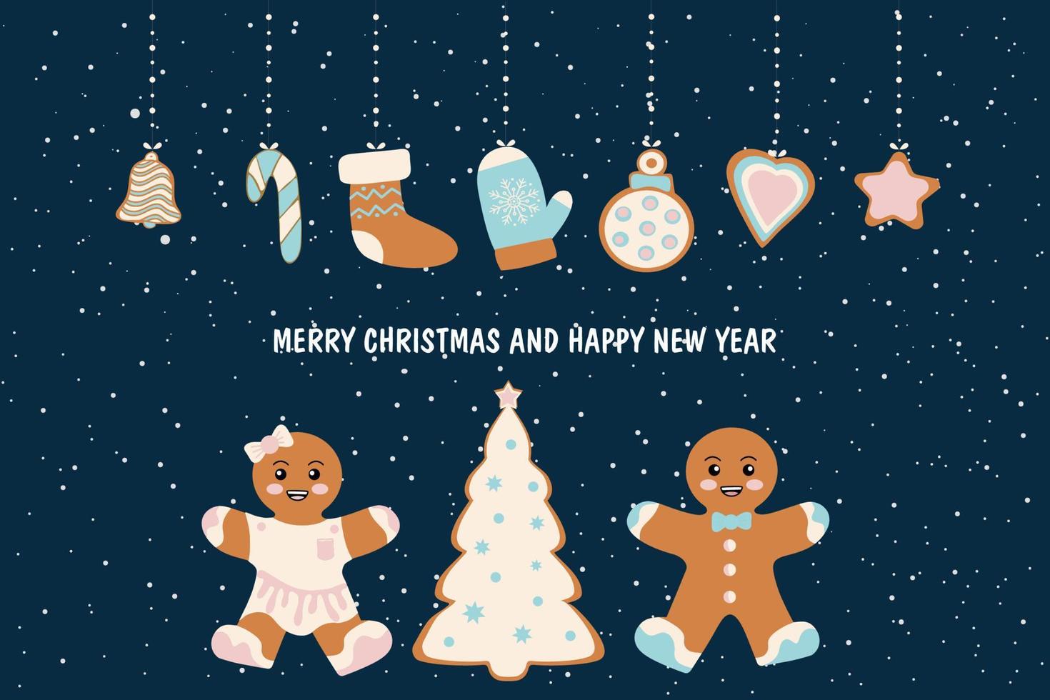 New Year's card. Hanging Christmas tree toys in the form of ginger cookies. Happy New Year and Christmas. Vector illustration isolated on a blue background