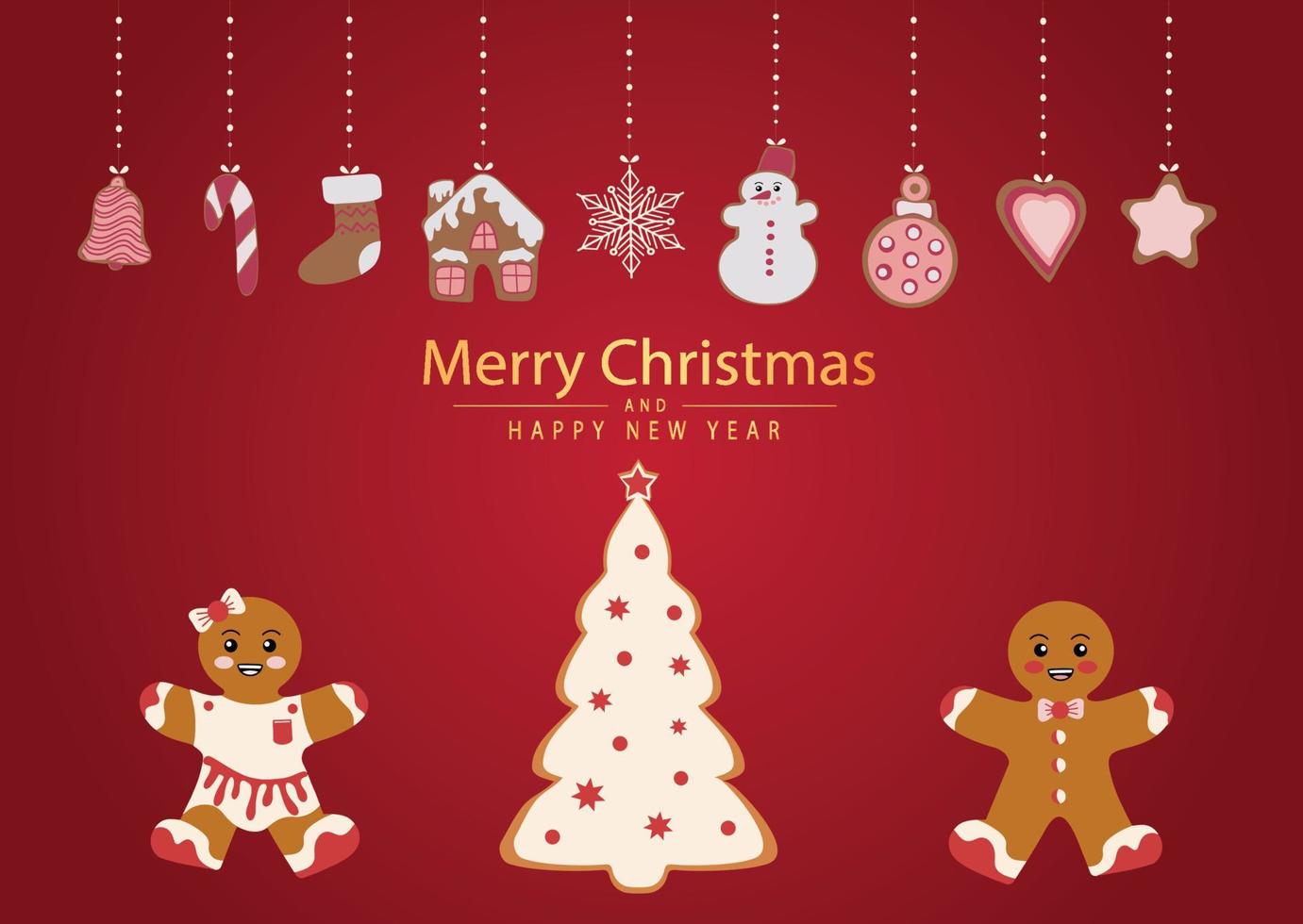 A Merry Christmas card. Gingerbread cookies in the form of a snowman, a Christmas tree and gingerbread men and various Christmas tree toys. Celebrating New Year and Christmas vector