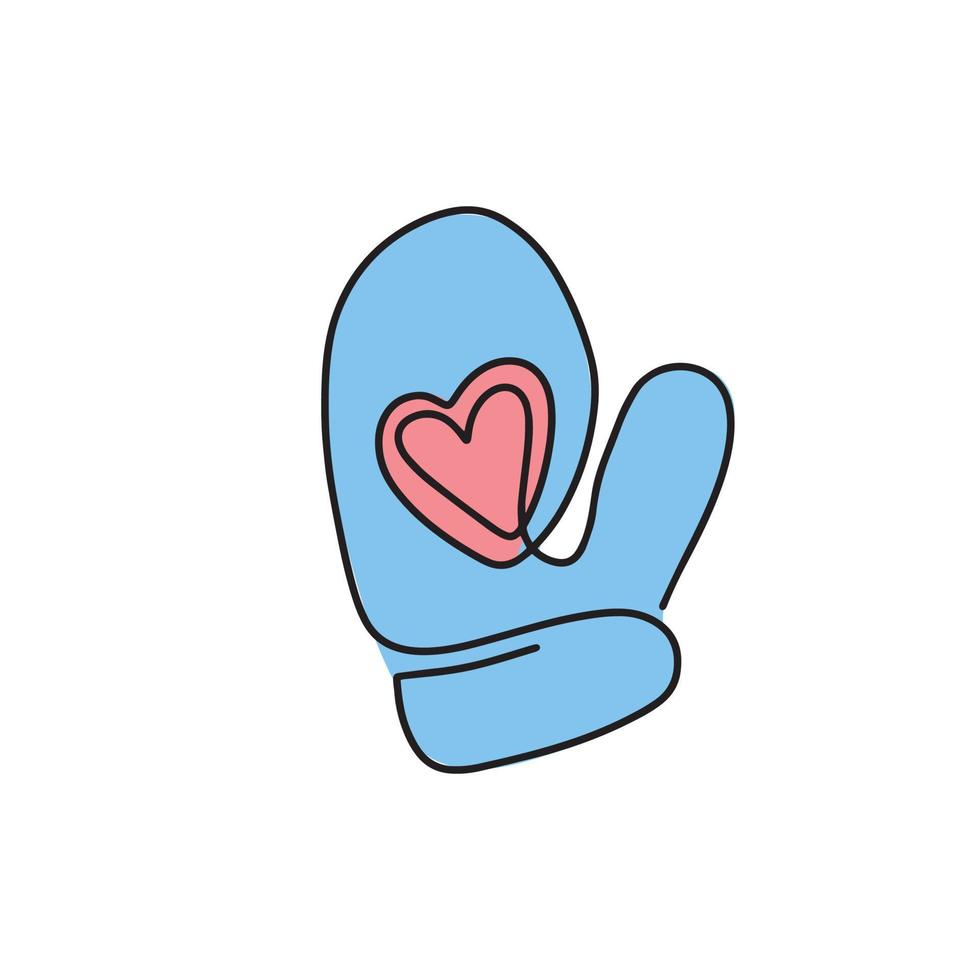 Continuous drawing of one line of winter mittens. The icon of a winter mitten with a heart. Christmas illustration in the style of light art. Minimalistic contour illustration for design vector