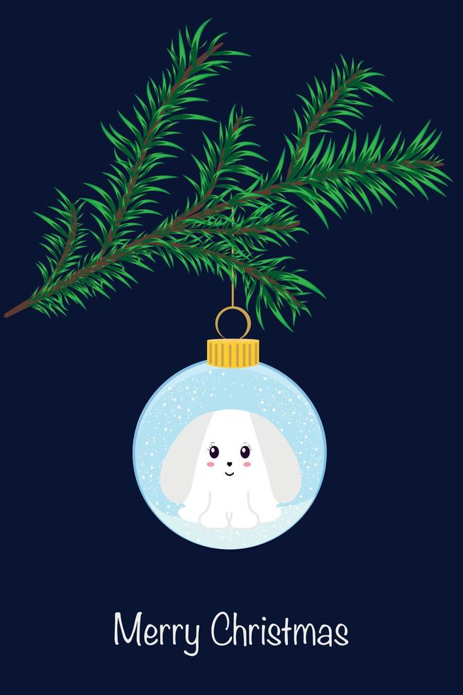 Beautiful Christmas card. A Christmas tree toy with a rabbit, the symbol of 2023, hangs on a branch vector