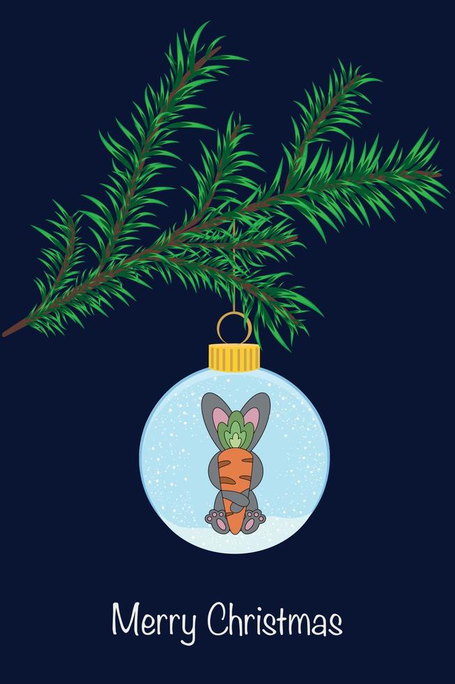 Beautiful Christmas card. A Christmas tree toy with a rabbit, the symbol of 2023, hangs on a branch vector