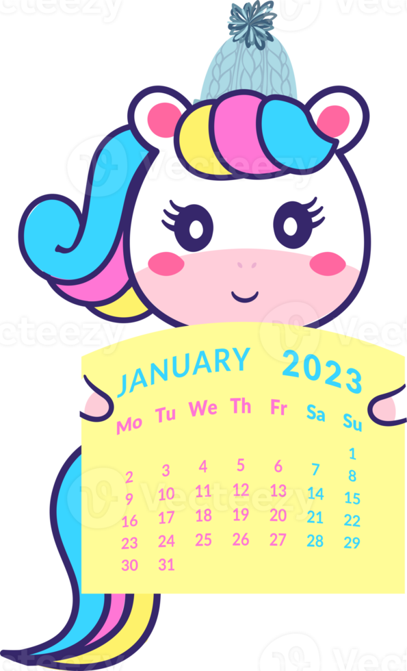 Calendar 2023 month january.Holds a unicorn in a winter hat. png