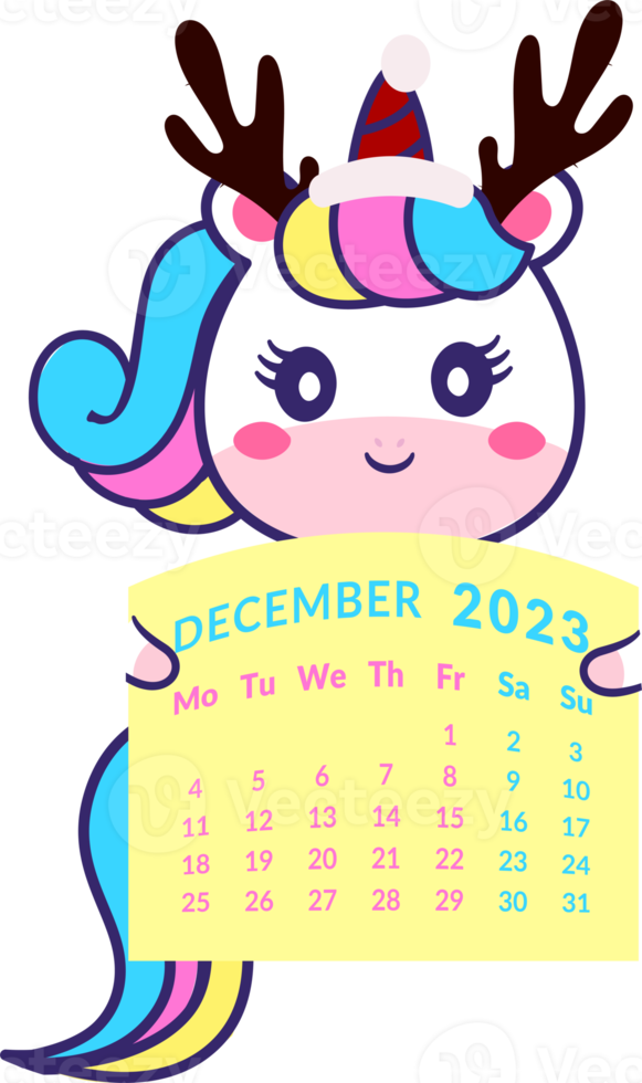 einhorn in einem weihnachtshut mit hörnern. hält einen kalender 2023 jahr dezember monat. png