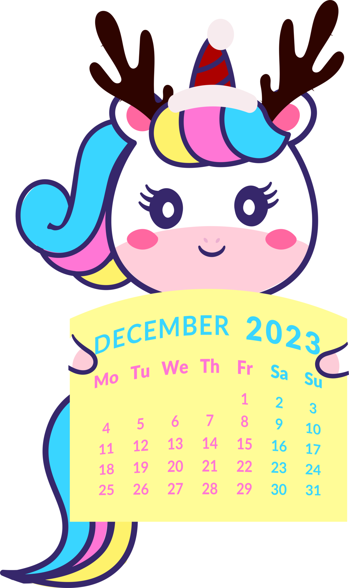 Unicorn in a Christmas hat with horns Holds a calendar 2023 year Unicorn in a Christmas hat with horns Holds a calendar 2023 year