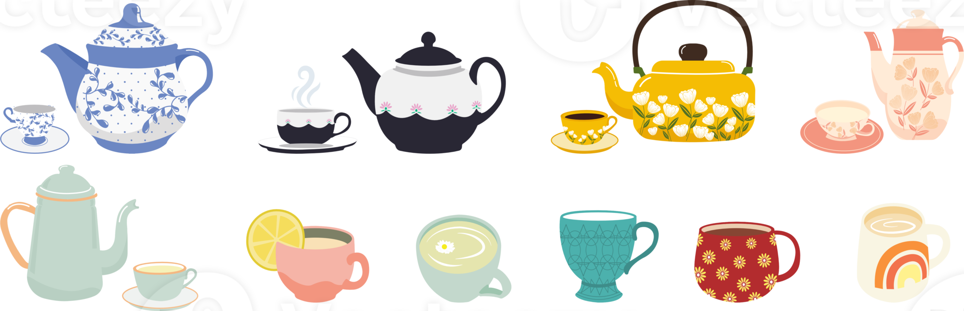 set of cartoon kettles. household utensils, cookware, and a teapot with a spout collection png