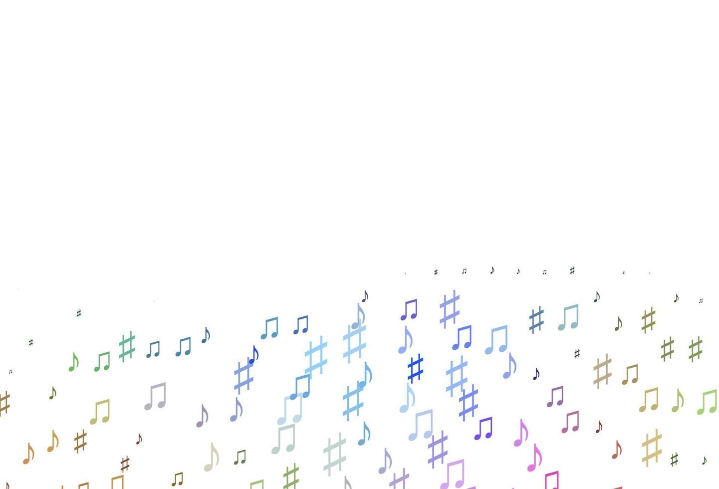 Fondo de vector de arco iris multicolor claro con símbolos musicales.