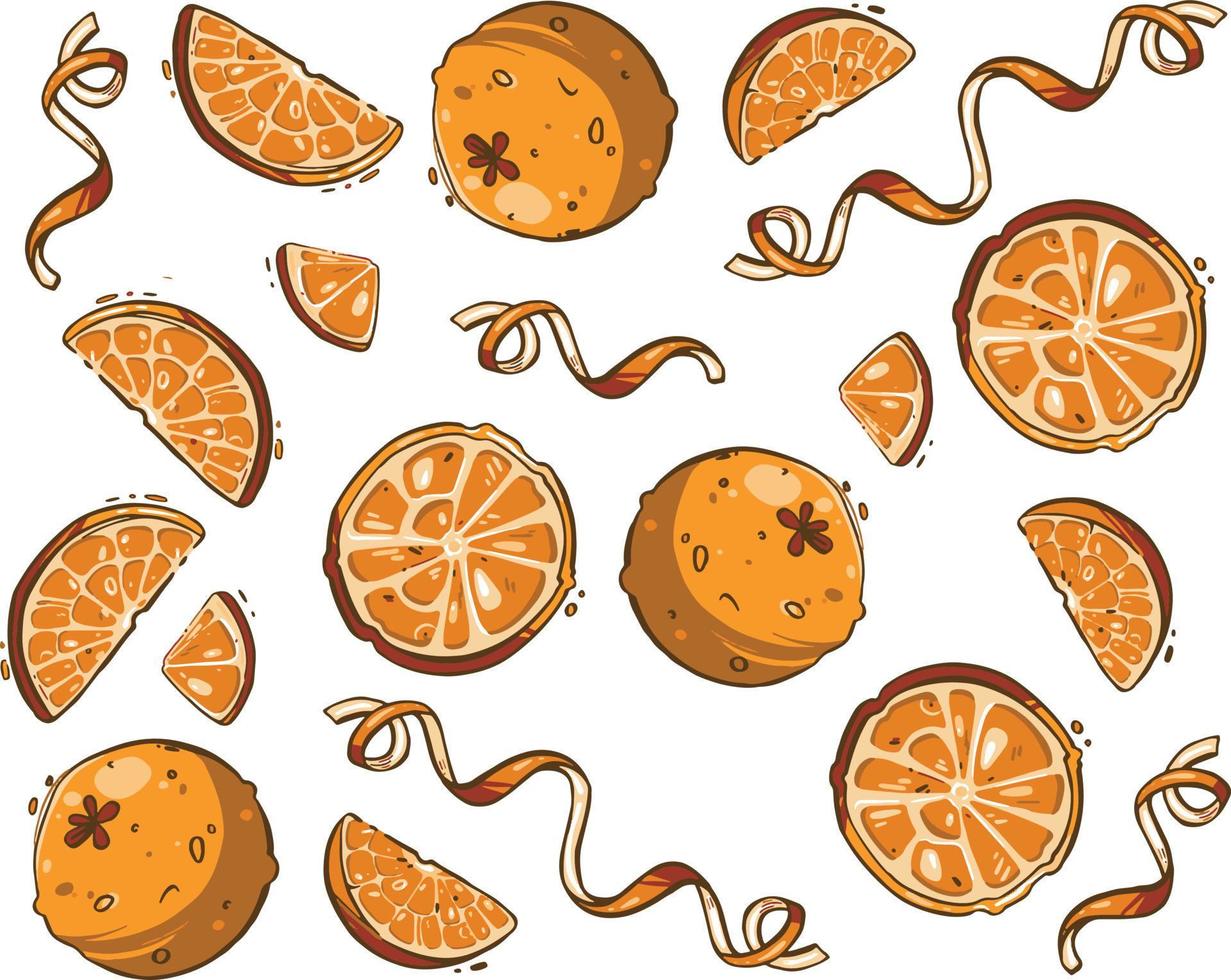 Set of fresh whole, half, cut slice and leaves orange fruit isolated vector