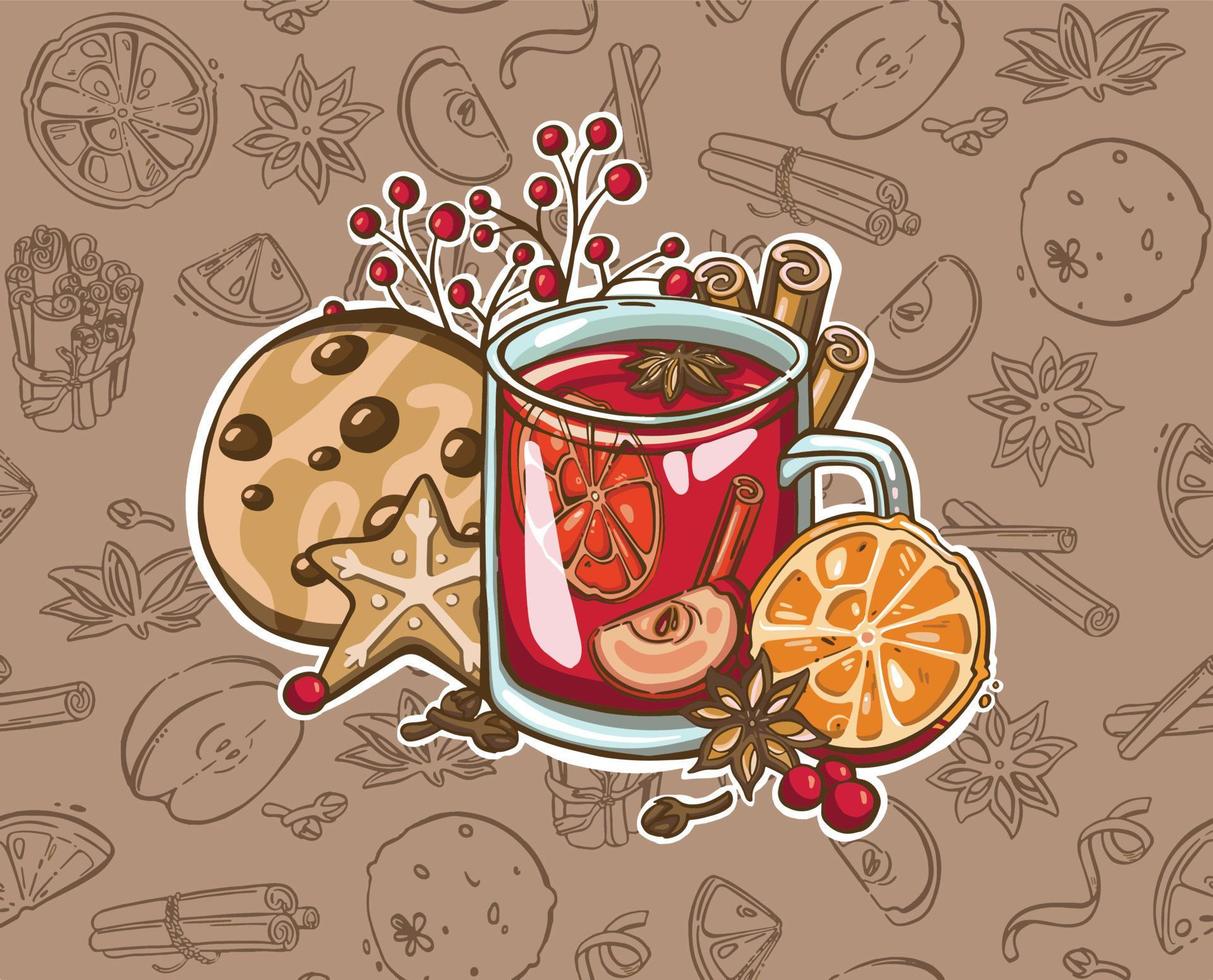 vino caliente con especias de navidad acuarela. copa de vino pintada a mano, canela, pan de jengibre y rama de abeto aislada en fondo blanco. ilustración de invierno para diseño, impresión, tela. vector