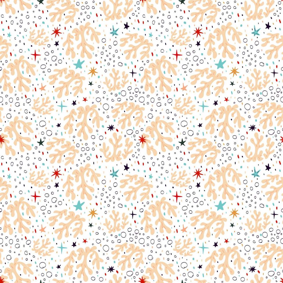 Marine seamless background with corals and bubbles on a white background vector