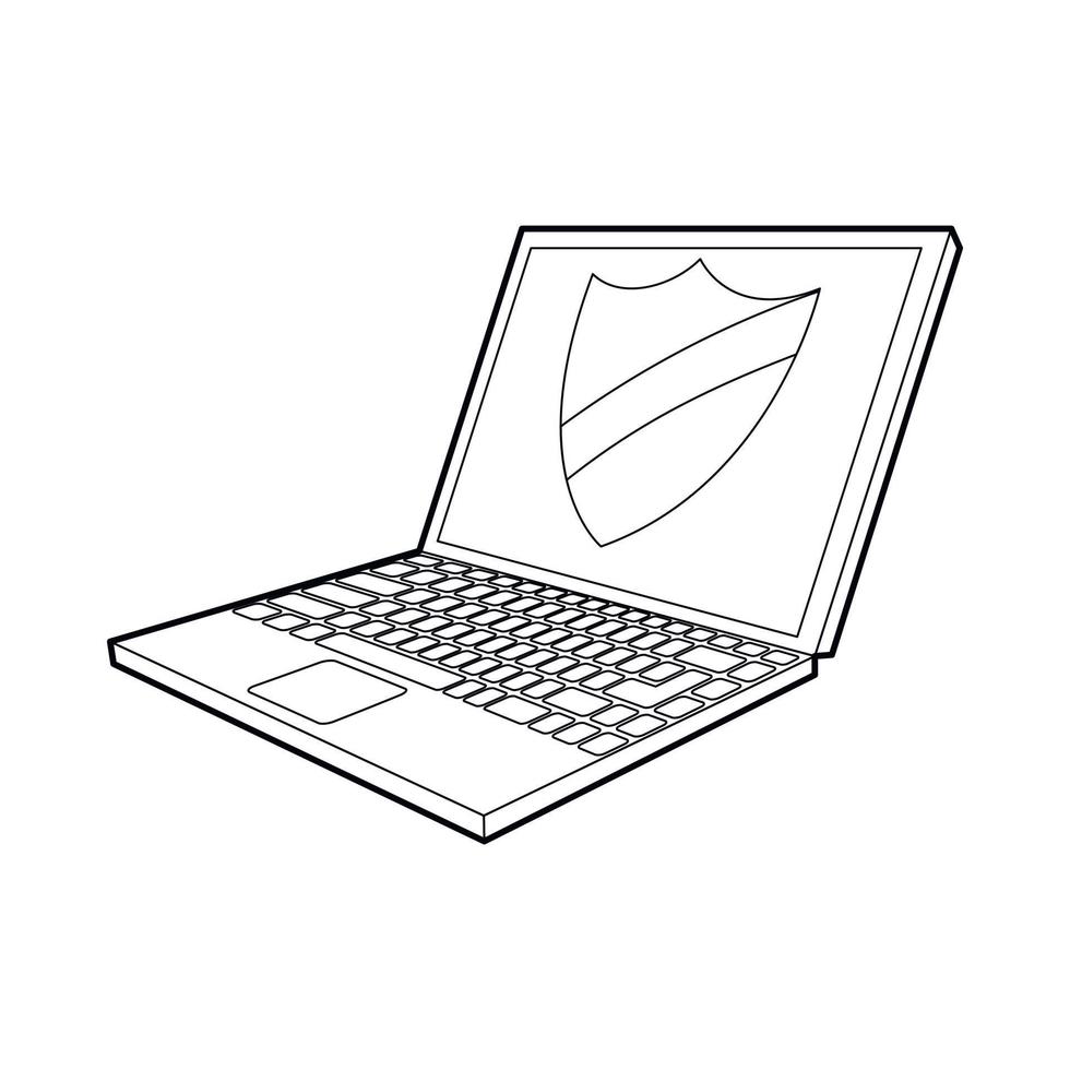 Laptop with protection shield icon, outline style vector