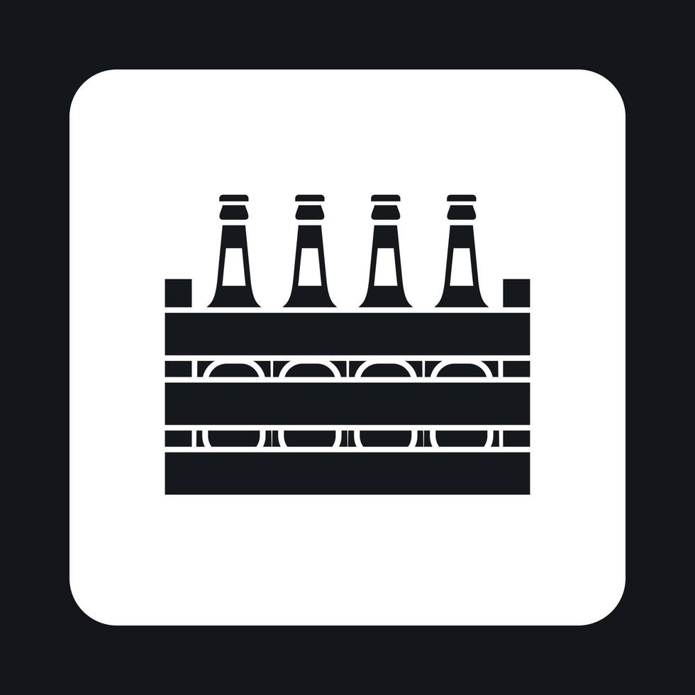 Beer bottles in a wooden box icon, simple style vector