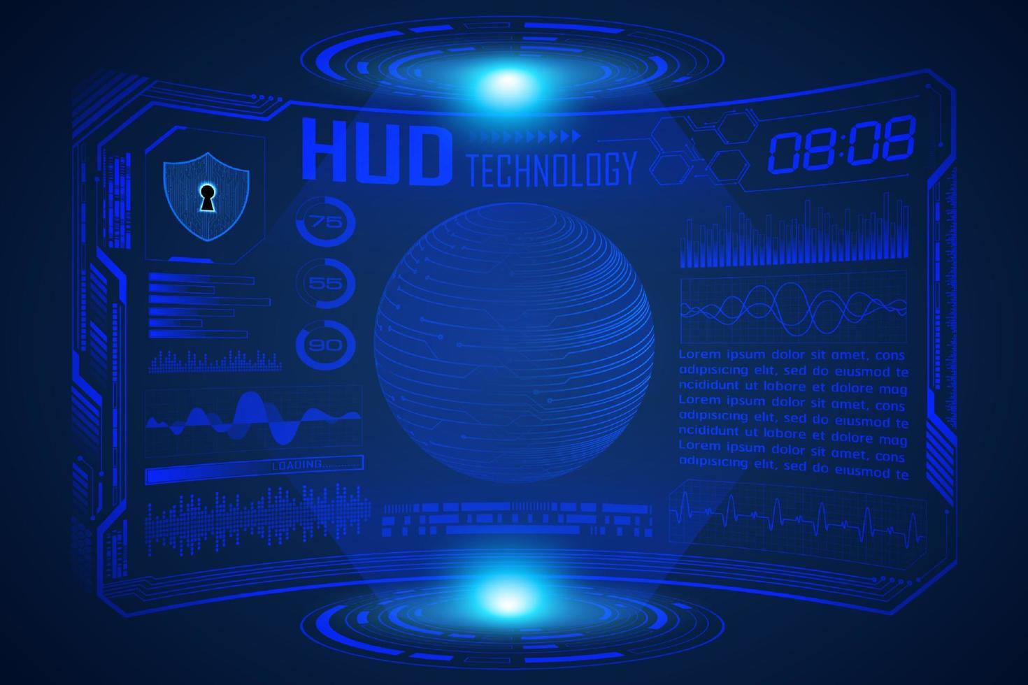 Blue  Modern HUD Technology Screen Background with world map vector