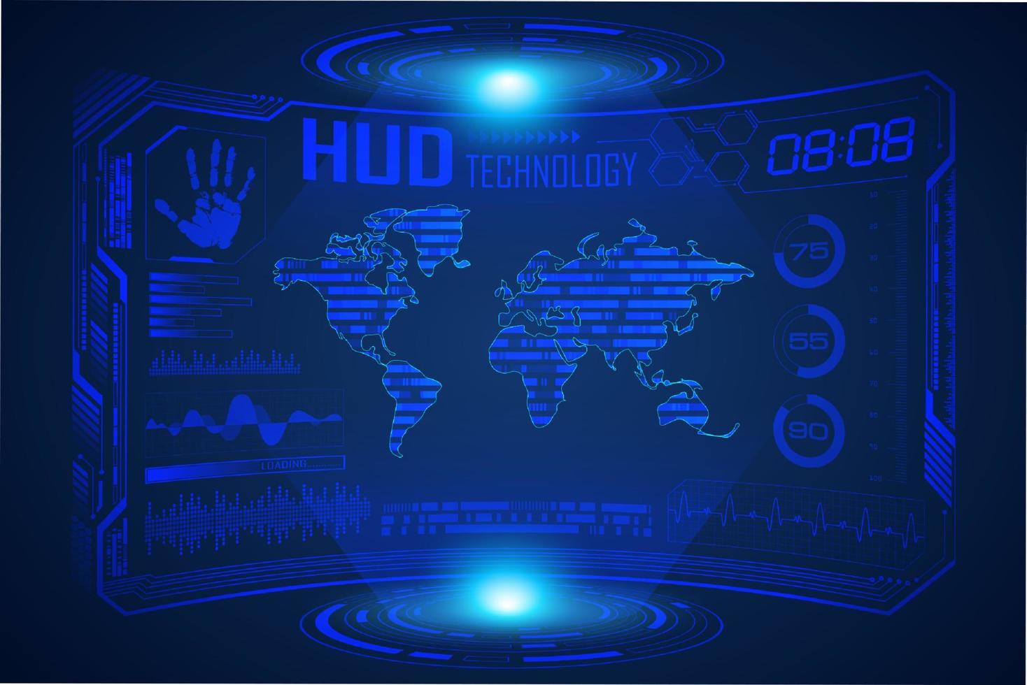 Blue  Modern HUD Technology Screen Background with world map vector