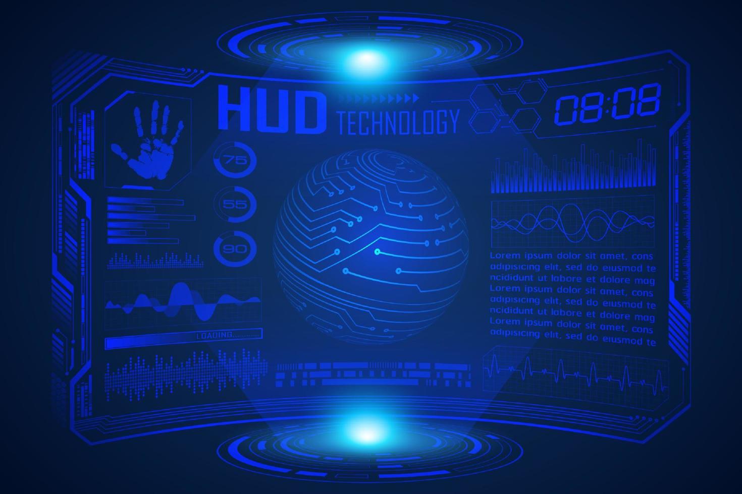 Blue  Modern HUD Technology Screen Background with world map vector