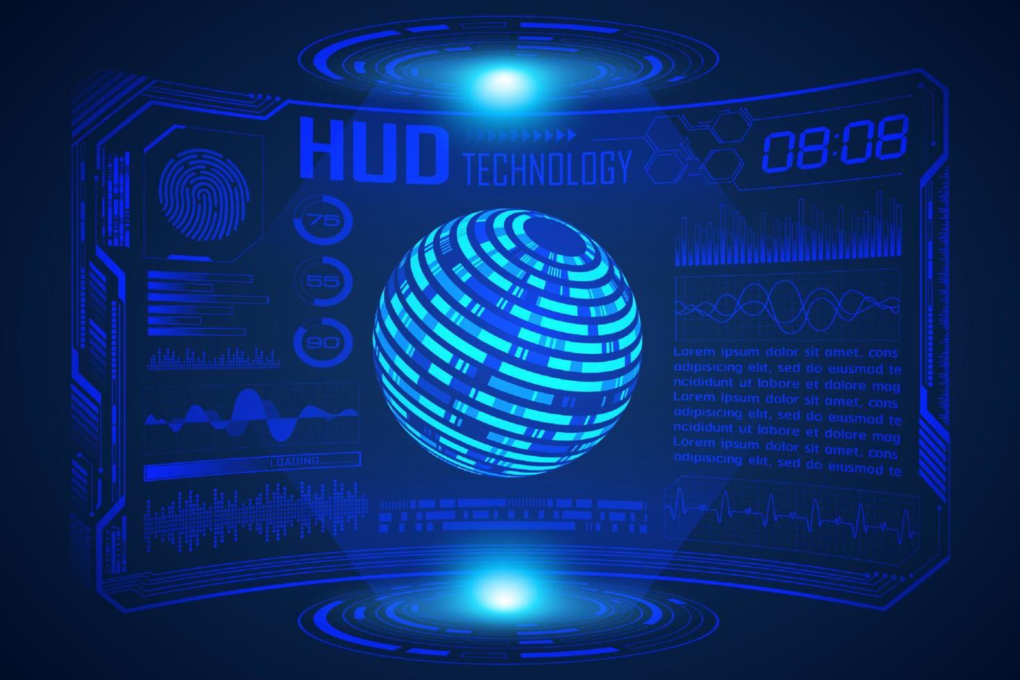 Blue  Modern HUD Technology Screen Background with world map vector