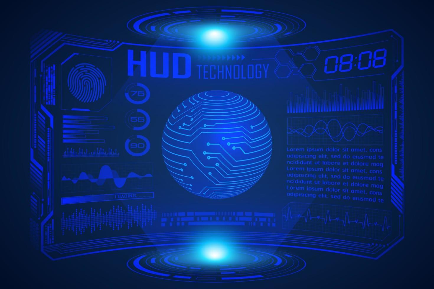 Blue  Modern HUD Technology Screen Background with world map vector