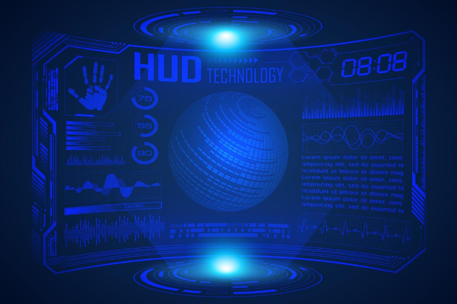 Blue  Modern HUD Technology Screen Background with world map vector